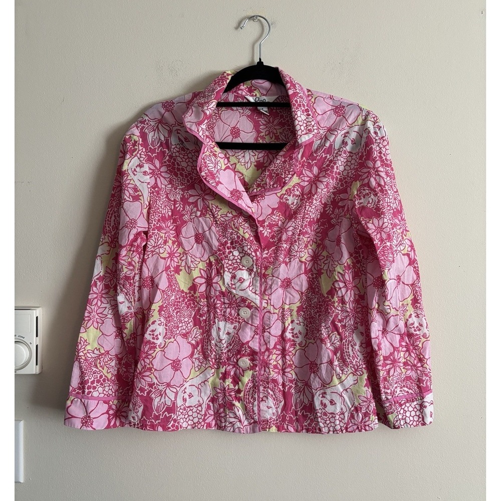 Vintage Y2K Lilly Pulitzer‎ Small Top Button Up Blouse Cat Jaguar Pink Preppy